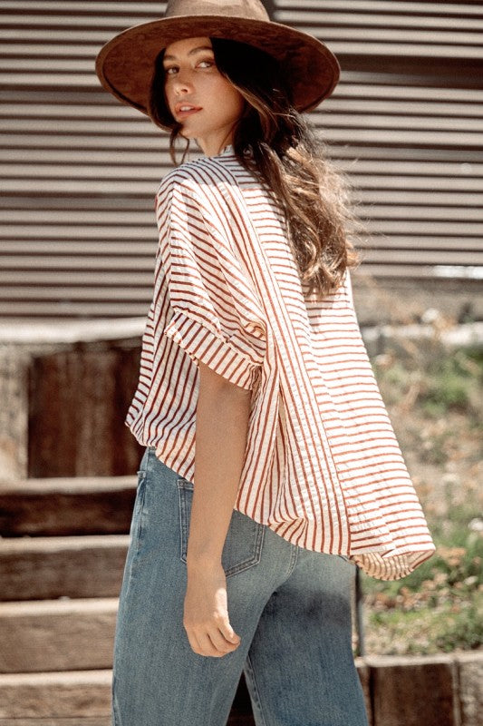 Stripe Ruffle Neck Loose Fit Blouse