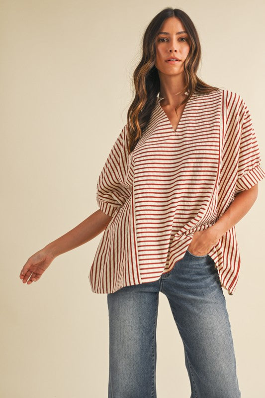 Stripe Ruffle Neck Loose Fit Blouse