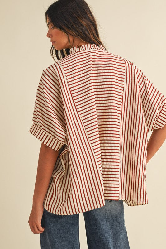 Stripe Ruffle Neck Loose Fit Blouse