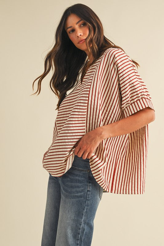 Stripe Ruffle Neck Loose Fit Blouse