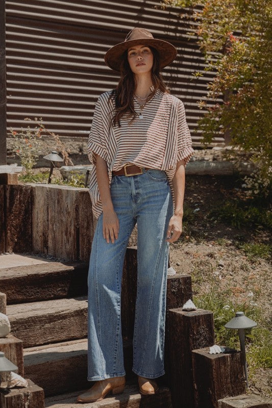 Stripe Ruffle Neck Loose Fit Blouse