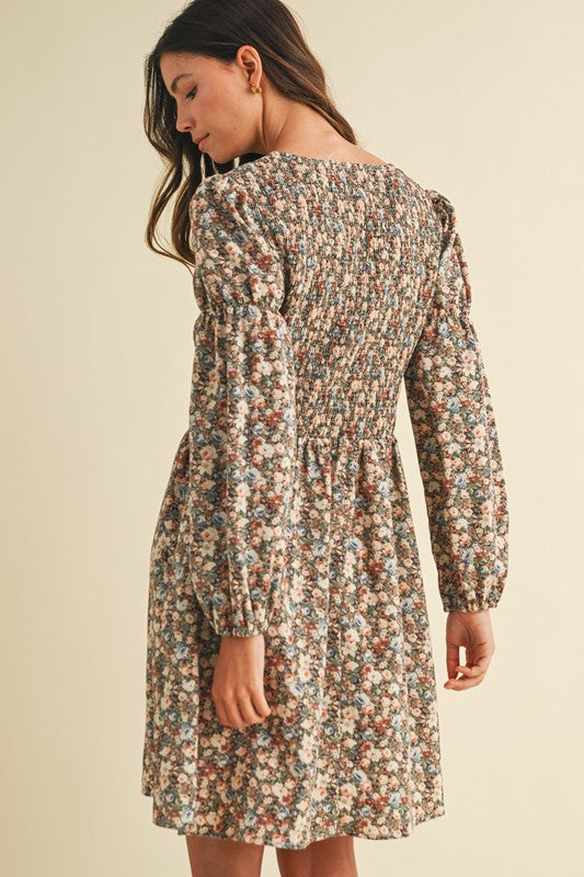 Vintage Flower Print Smocking Detail Mini Dress