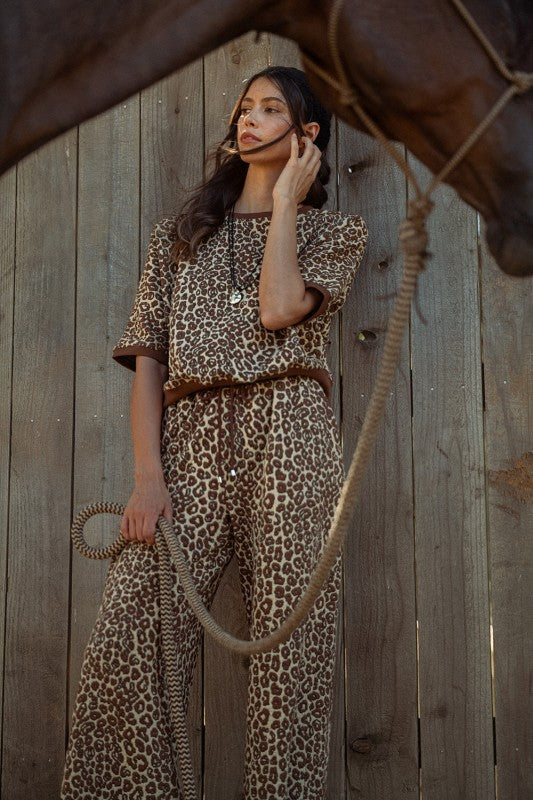 Leopard Jacquard Texture Knit Top & Wide Pants Set (Sold Separately)