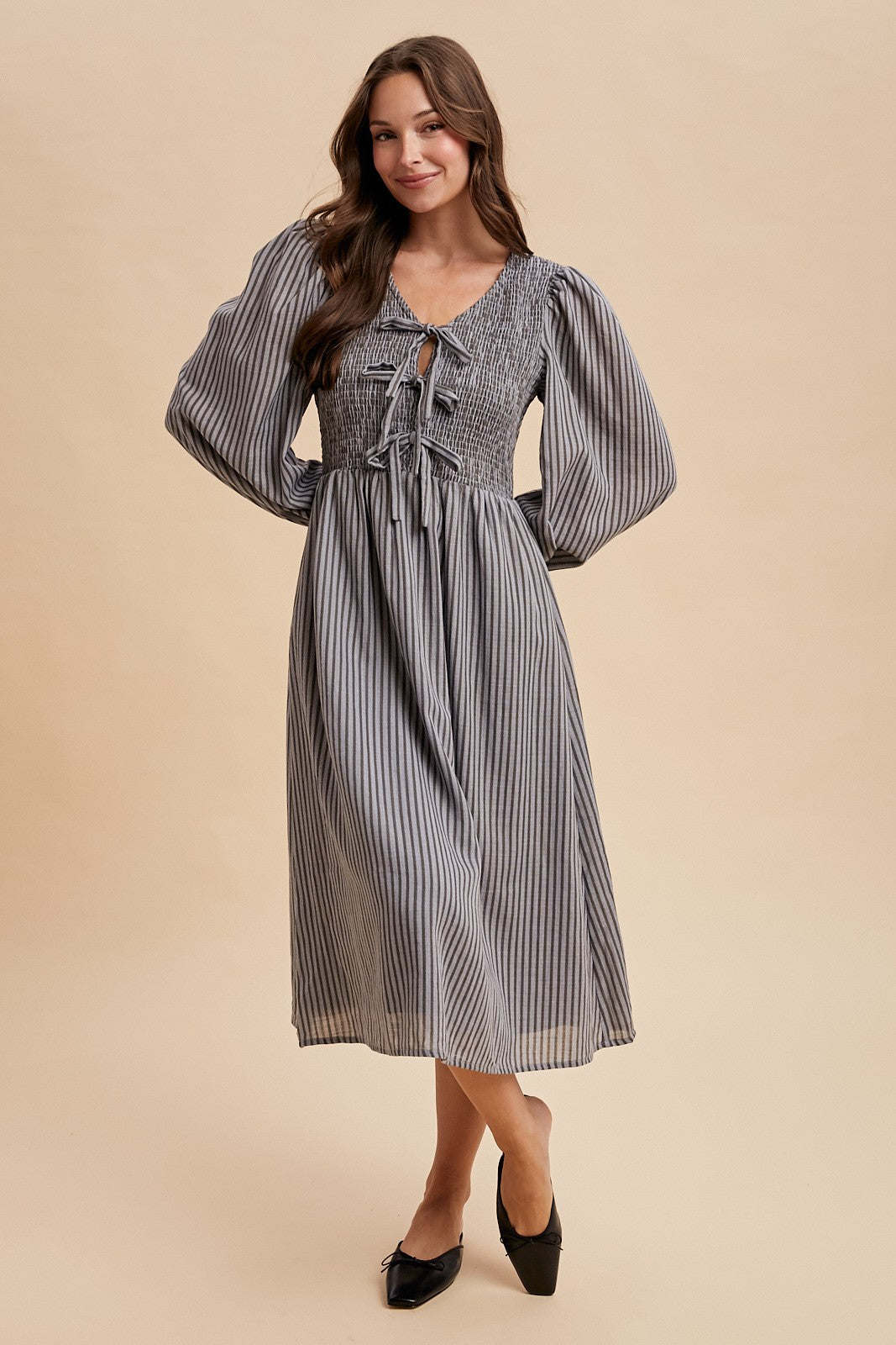 Stripe Smocking Bodice Bow Midi Dress