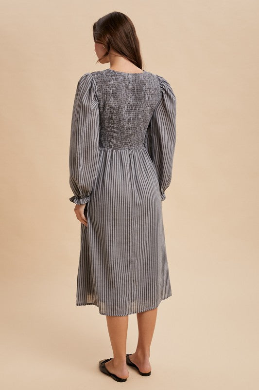 Stripe Smocking Bodice Bow Midi Dress
