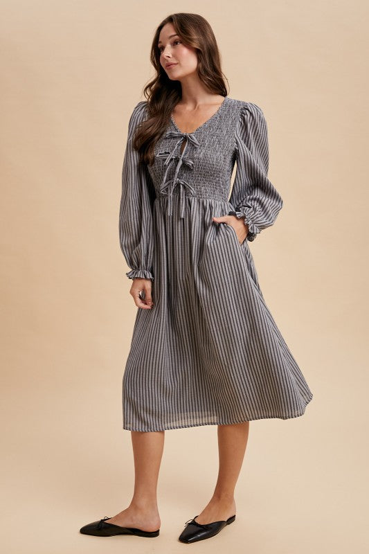 Stripe Smocking Bodice Bow Midi Dress