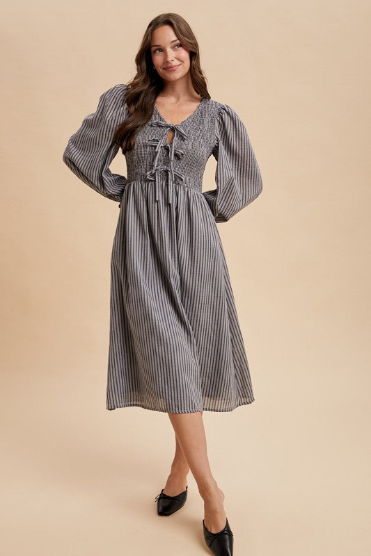 Stripe Smocking Bodice Bow Midi Dress