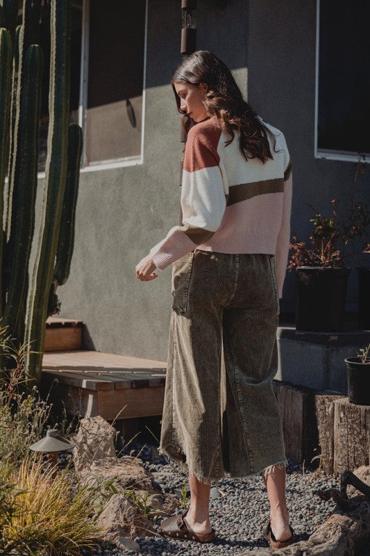 Mineral Wash Cropped Fray Hem Corduroy Wide Pants