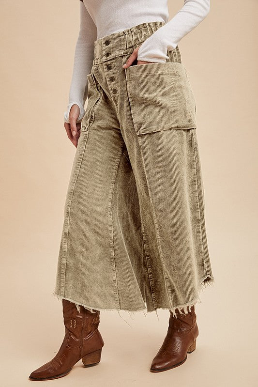 Mineral Wash Cropped Fray Hem Corduroy Wide Pants
