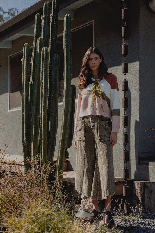 Mineral Wash Cropped Fray Hem Corduroy Wide Pants