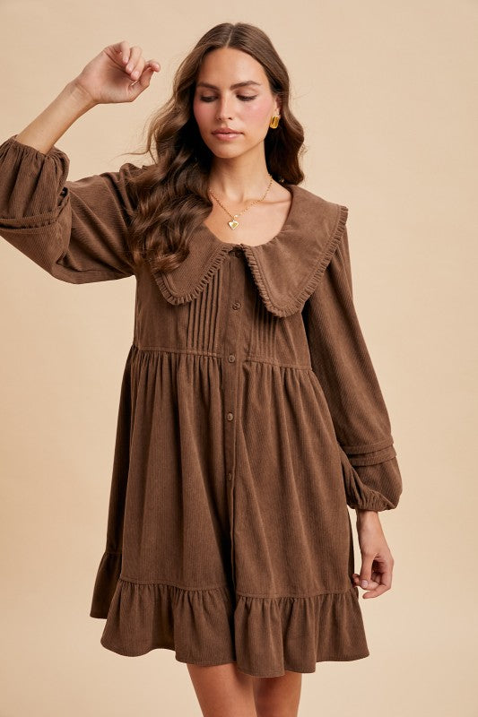 Corduroy Wide Collar Babydoll Mini Dress - Brown