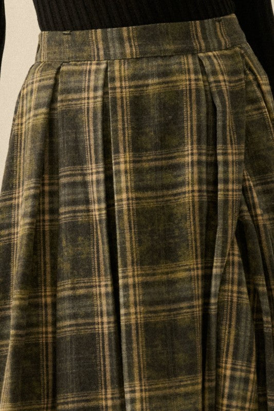 Plaid Flannel Pleated Wrapped Raw-edge Maxi Skirt