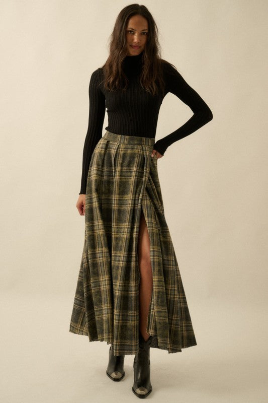 Plaid Flannel Pleated Wrapped Raw-edge Maxi Skirt
