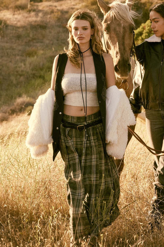 Plaid Flannel Pleated Wrapped Raw-edge Maxi Skirt