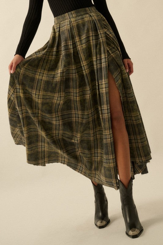 Plaid Flannel Pleated Wrapped Raw-edge Maxi Skirt