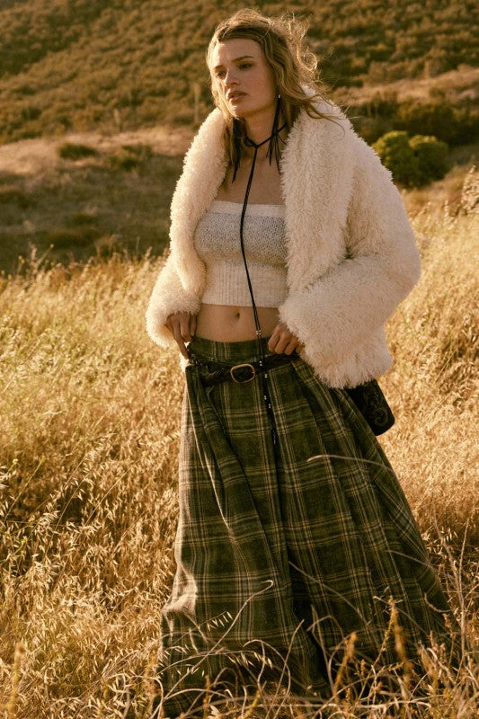 Plaid Flannel Pleated Wrapped Raw-edge Maxi Skirt