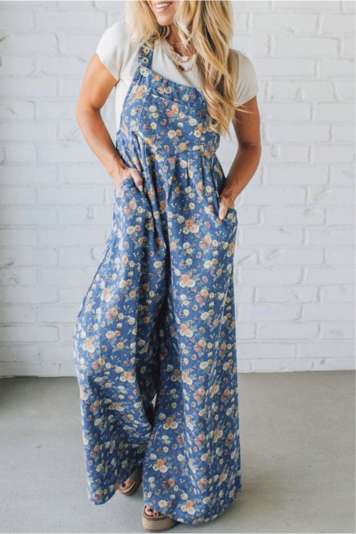 Vintage Rose Pleated Loose Denim Overall Jumpsuit