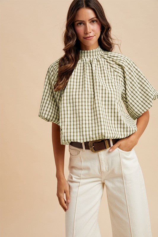 Checker Back Bow Detail Bubble Blouse - Moss
