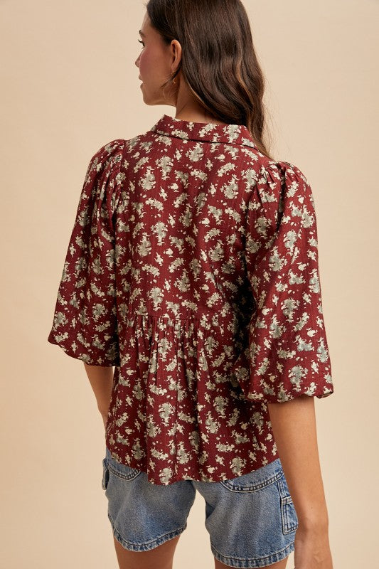 Floral Smocking Balloon Sleeve Blouse