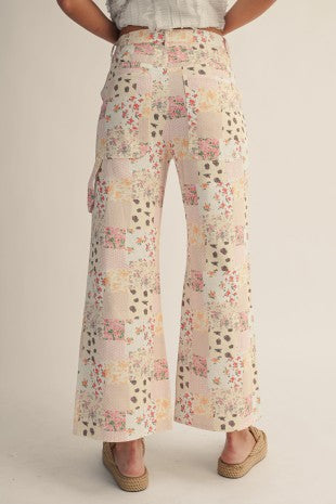 Vintage Pastel Floral Patchwork Wide Leg Pants
