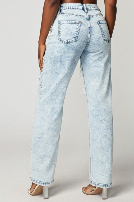 High Rise Front Cross Applique Light Blue Jeans