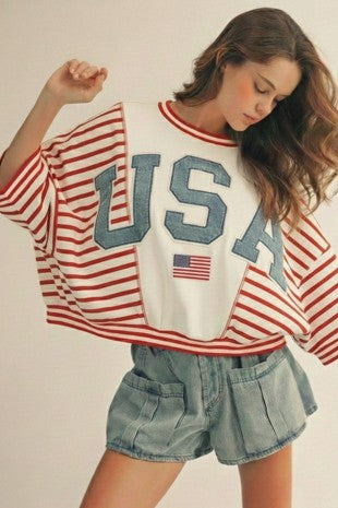 4th of July USA Letter Sweatshirt- White
