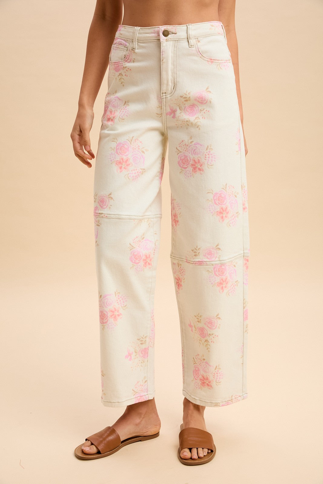 Romantic Floral Printed Denim Barrel Leg Pants