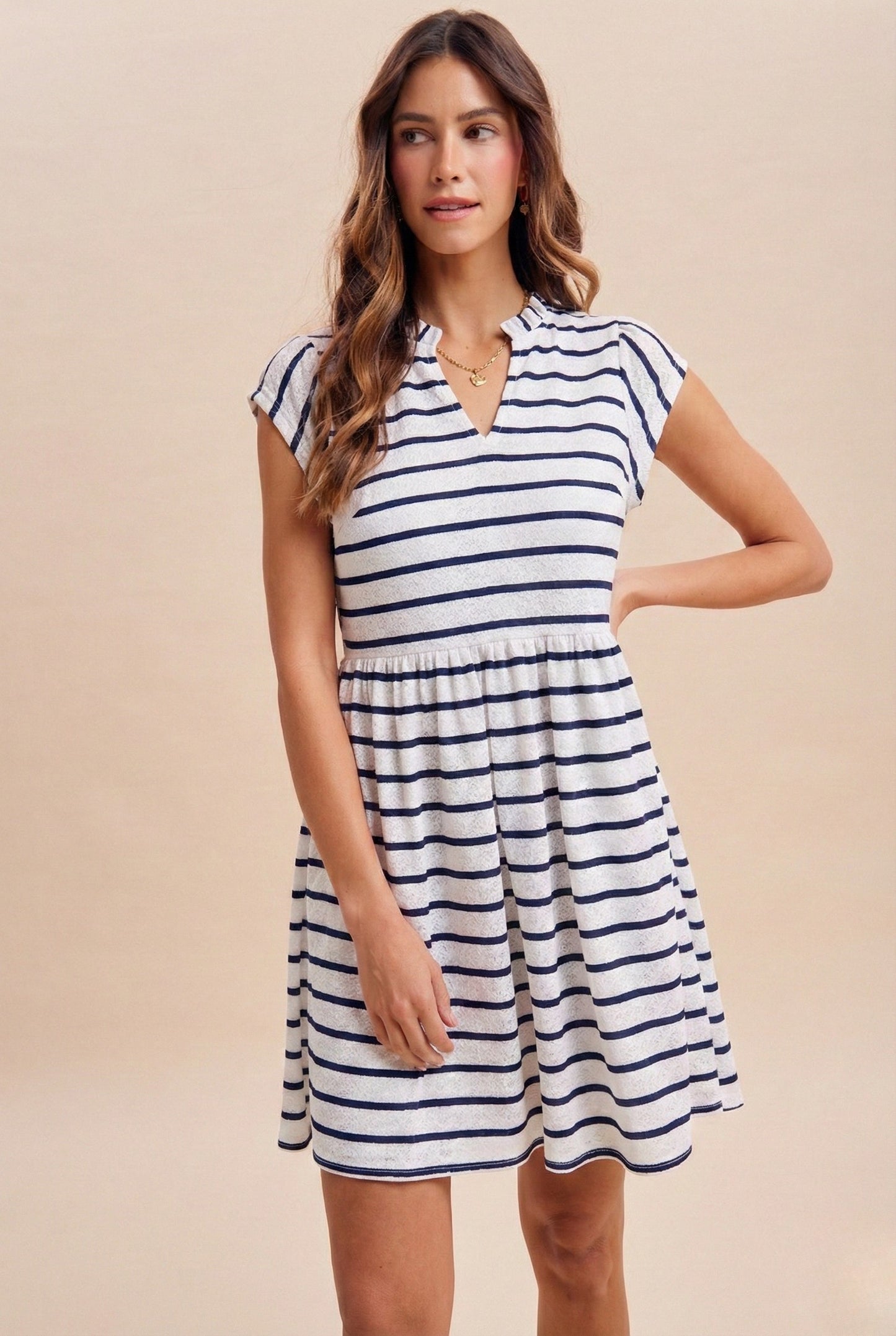 Stripe Knitted Lace Babydoll Mini Dress - Navy