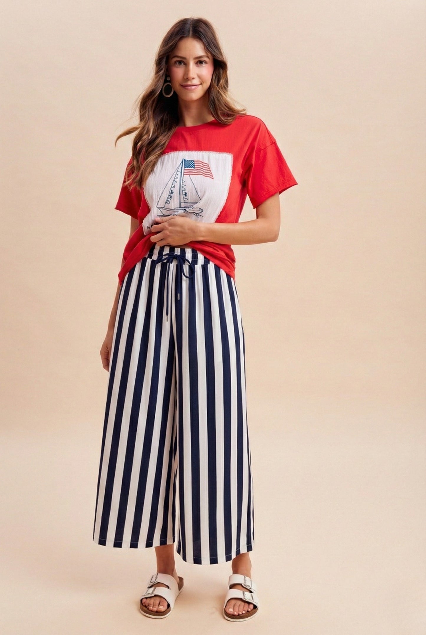Vertical Striped Wide Leg Pants - Navy