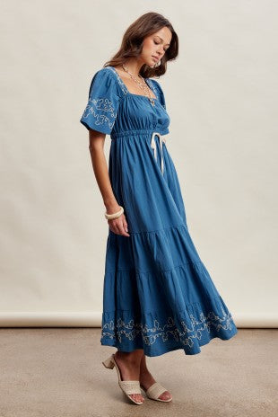 Embroidered Tiered Midi Dress - Teal