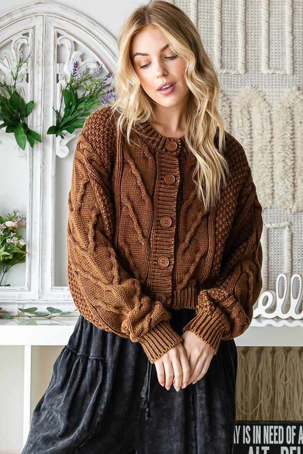 Washed Sweater Cardigan - Brown
