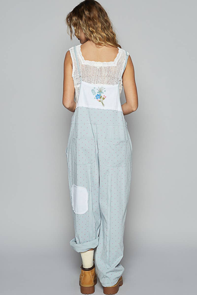 Round Neck Embroidery Print Knit Overall Pants