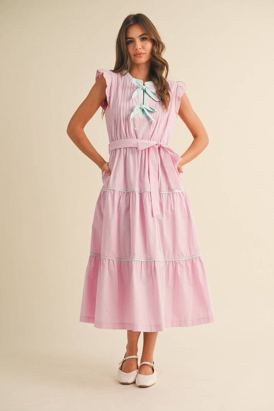 Pin Tuck & Bow Detail Tiered Midi Dress