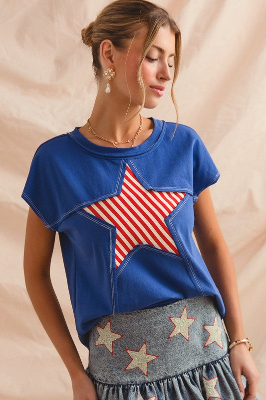 Stripe Star Patch Knit Top - Royal Blue