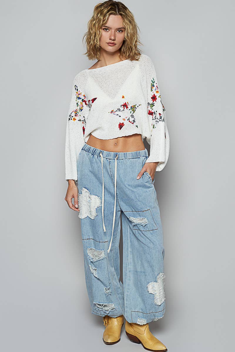 Long Sleeve Solid Star Thin Sweater Cropped Top