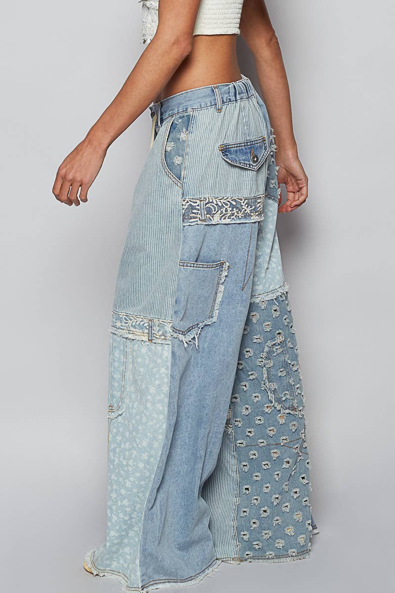 Lace Patch Contrast Denim Woven Pants