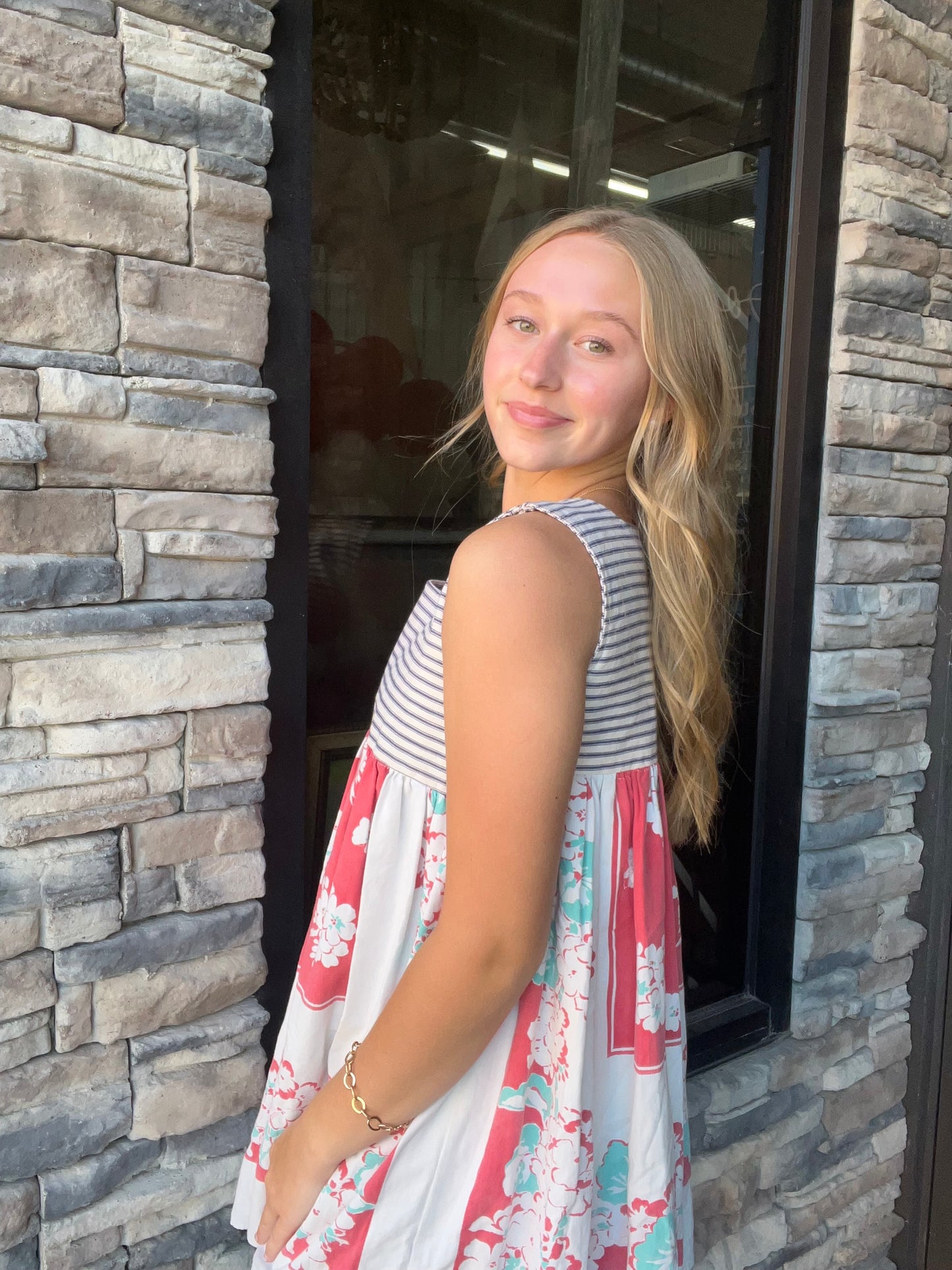 Pin Stripe Floral Tablecloth Sleeveless Top