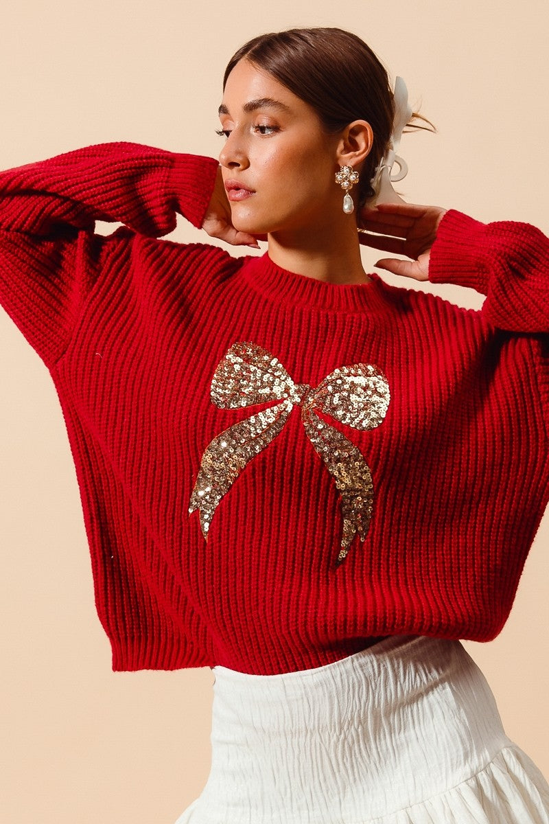 Ribbon Sequins Christmas Sweater Top - Red/Gold