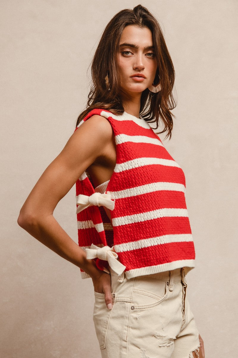 Textured Stripe Side Tie Vest Top - Red