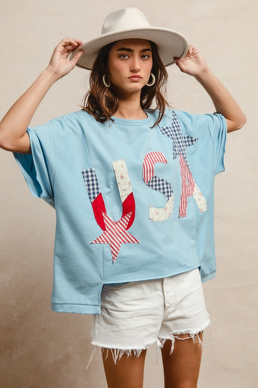 Stars and USA Patchwork Short Sleeve - Lt. Blue