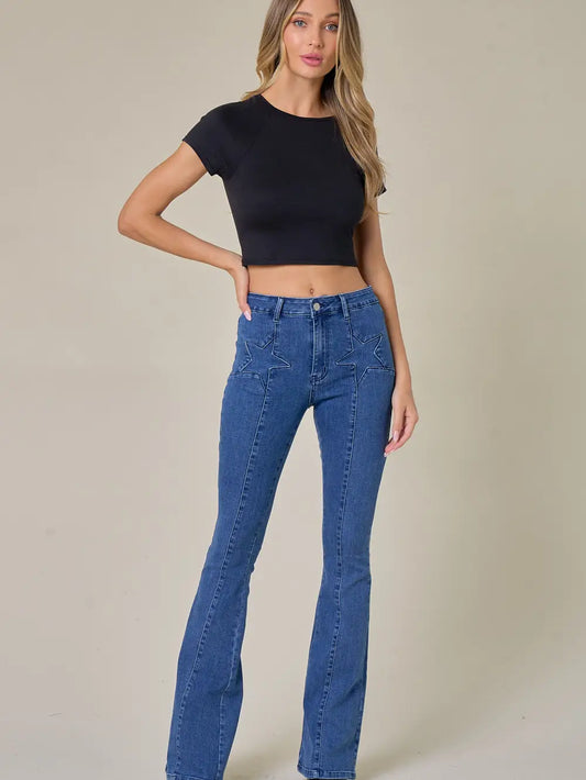 Midtone Star Detail Bell Bottom Jeans