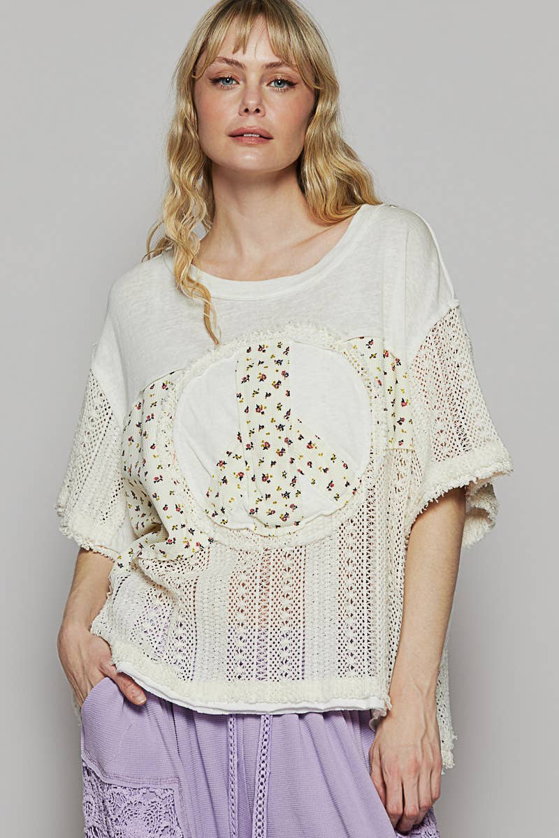 Oversize Round Neck Crochet Print Peace Top
