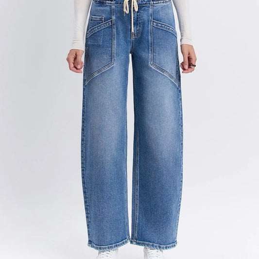 High Rise Elastic Waistband Wide Barrel Jeans