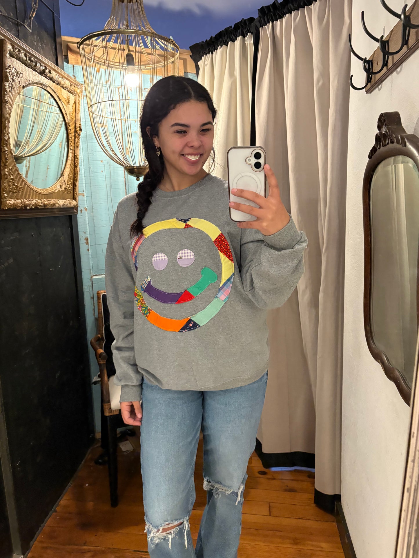 Quilted Smiley Face Sweatshirt - Grey