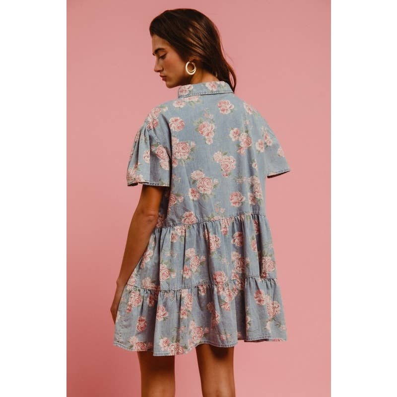 Floral Print Washed Lightweight Tiered Shirt Dress