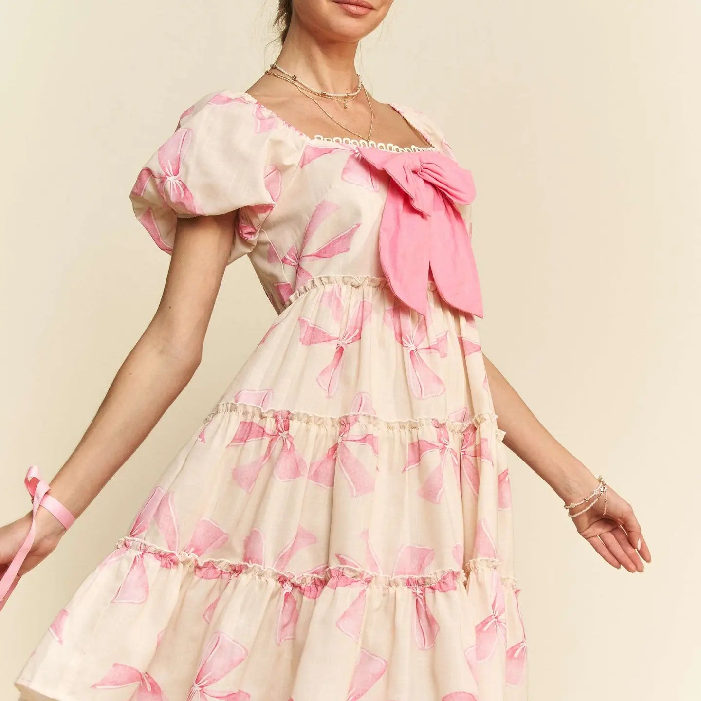 Bow Printed Puff Smocking Back Tiered Dress - Pink