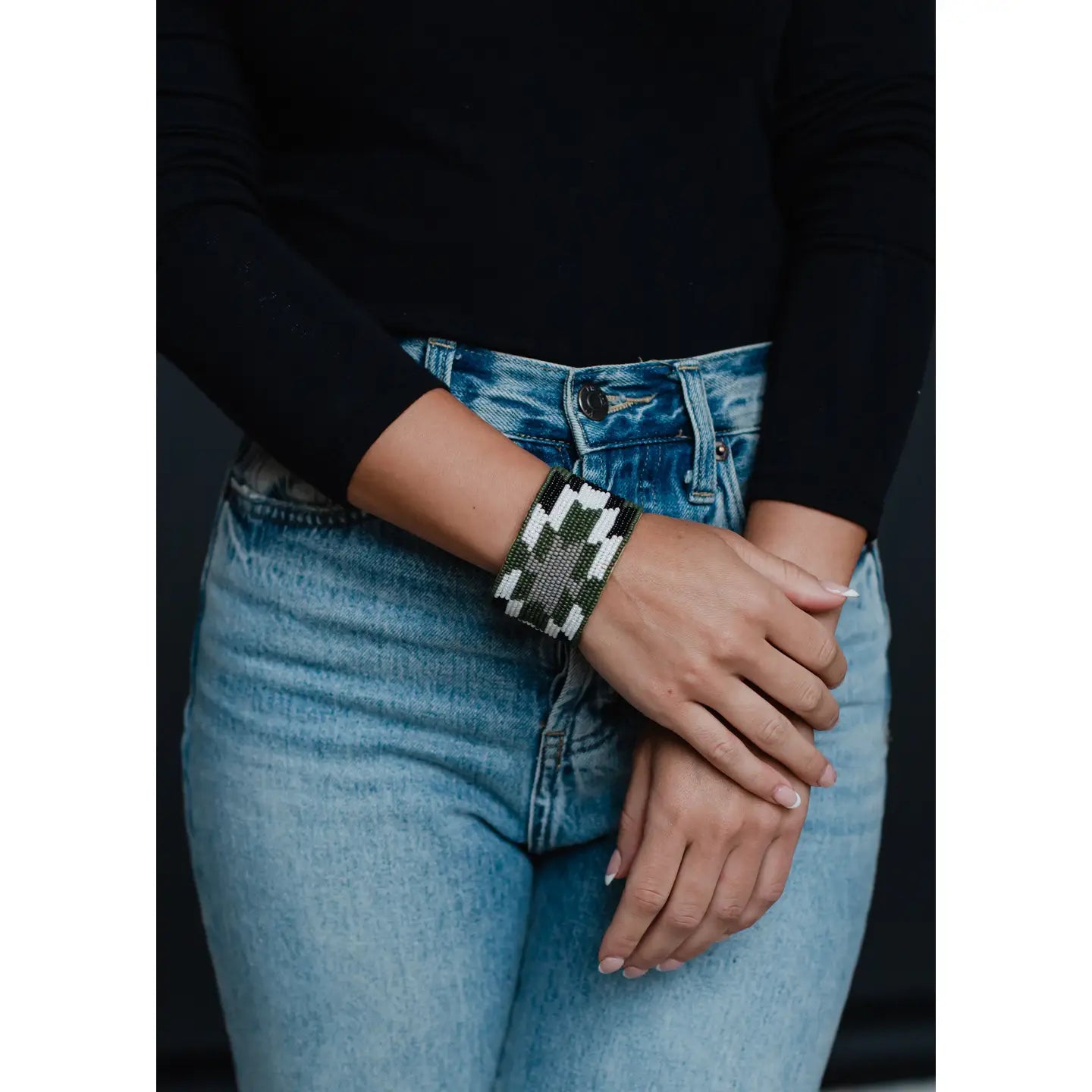 Green, White & Black Beaded Cuff