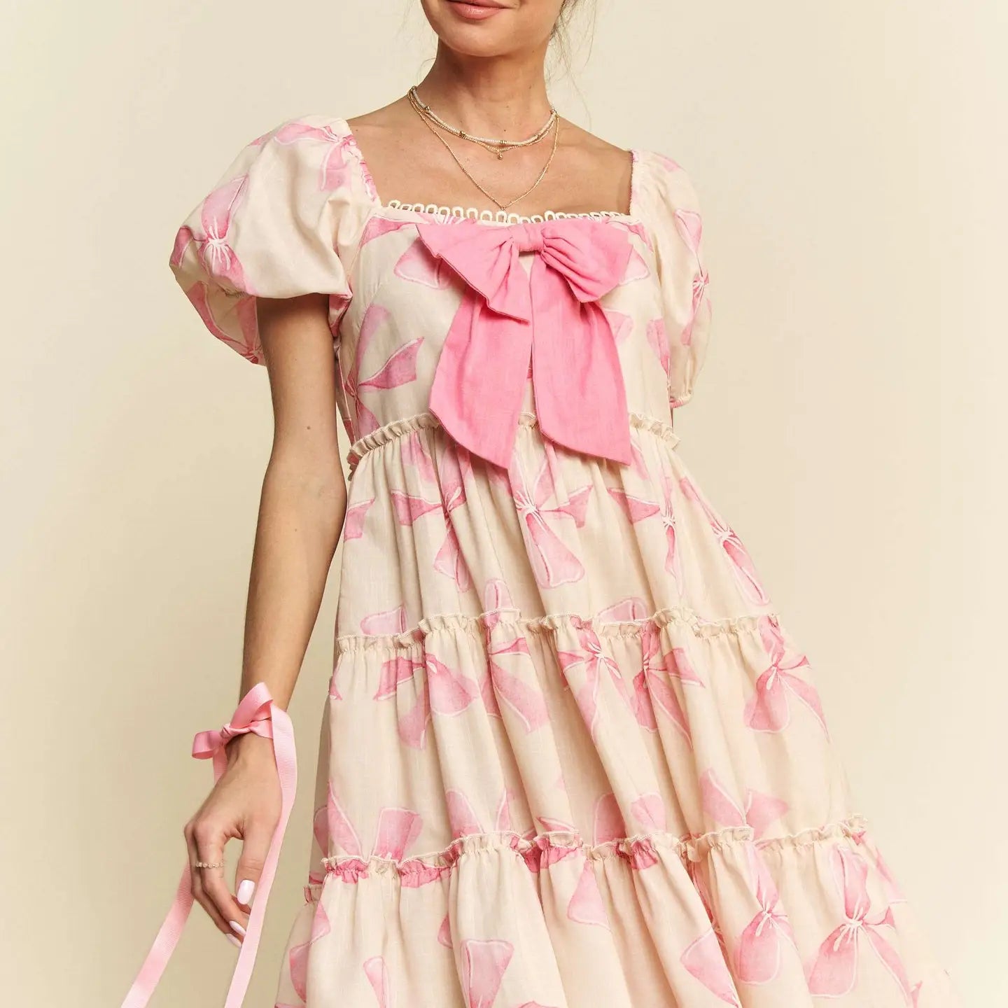 Bow Printed Puff Smocking Back Tiered Dress - Pink