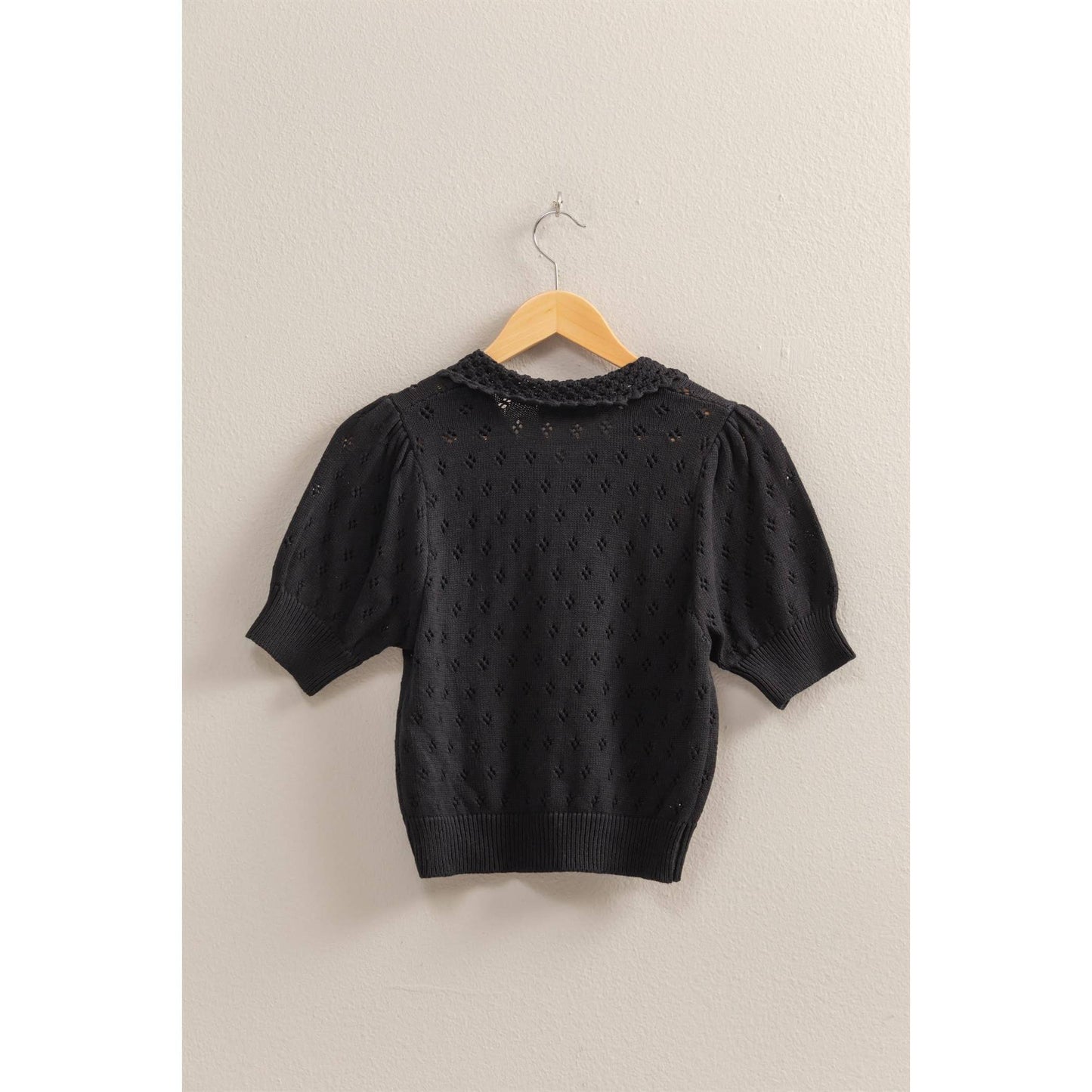 Cute Pointelle Open Knit Puff Sleeve Top - Black
