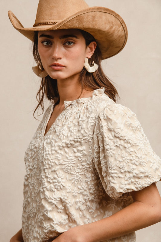 Floral Pattern Textured Short Balloon Sleeve Top - Oatmeal